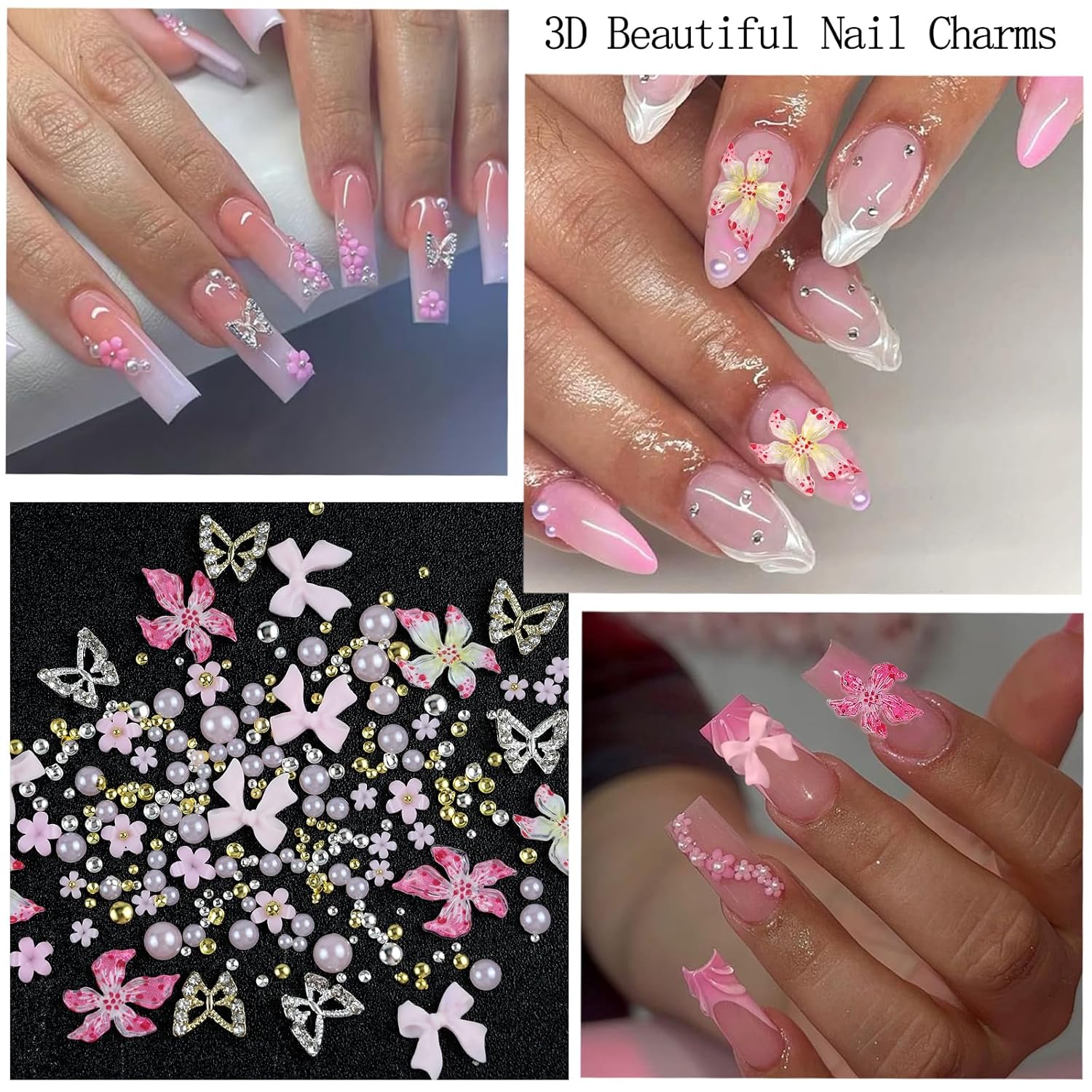 Nail Art Charms with Rhinestones Glue Gel Pink Flatback Pearls Flower Bow Nail Gems Supplies Accessories Gold Silver Nails Decoration Pearls for Women Nails Design-Velvo Beauty