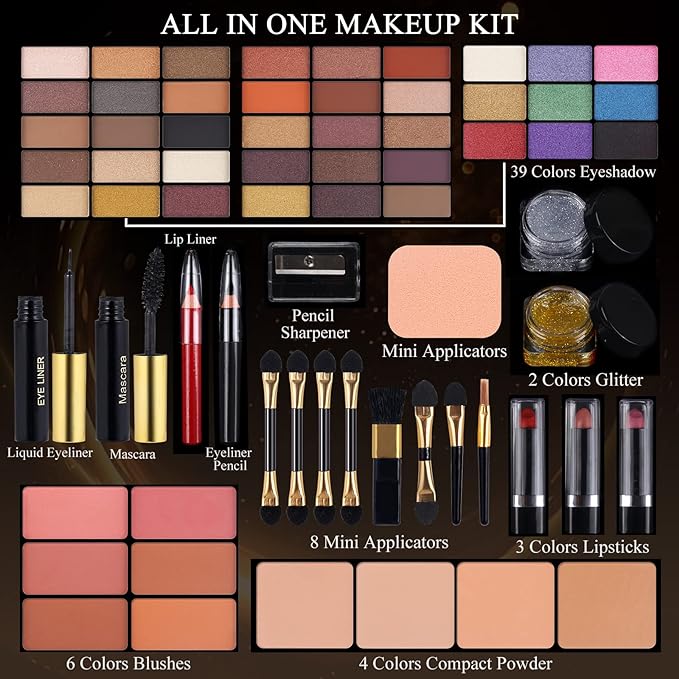 Professional Makeup Kit for Women Full Kit with Mirror 58 Colors All in One Make up Gift Set for Girls Included Eyeshadow,Compact Powder,Blusher,Lipstick,Eyebrow Pencil,Gitter Gel,Eyeliner,Mascara (N)-Velvo Beauty