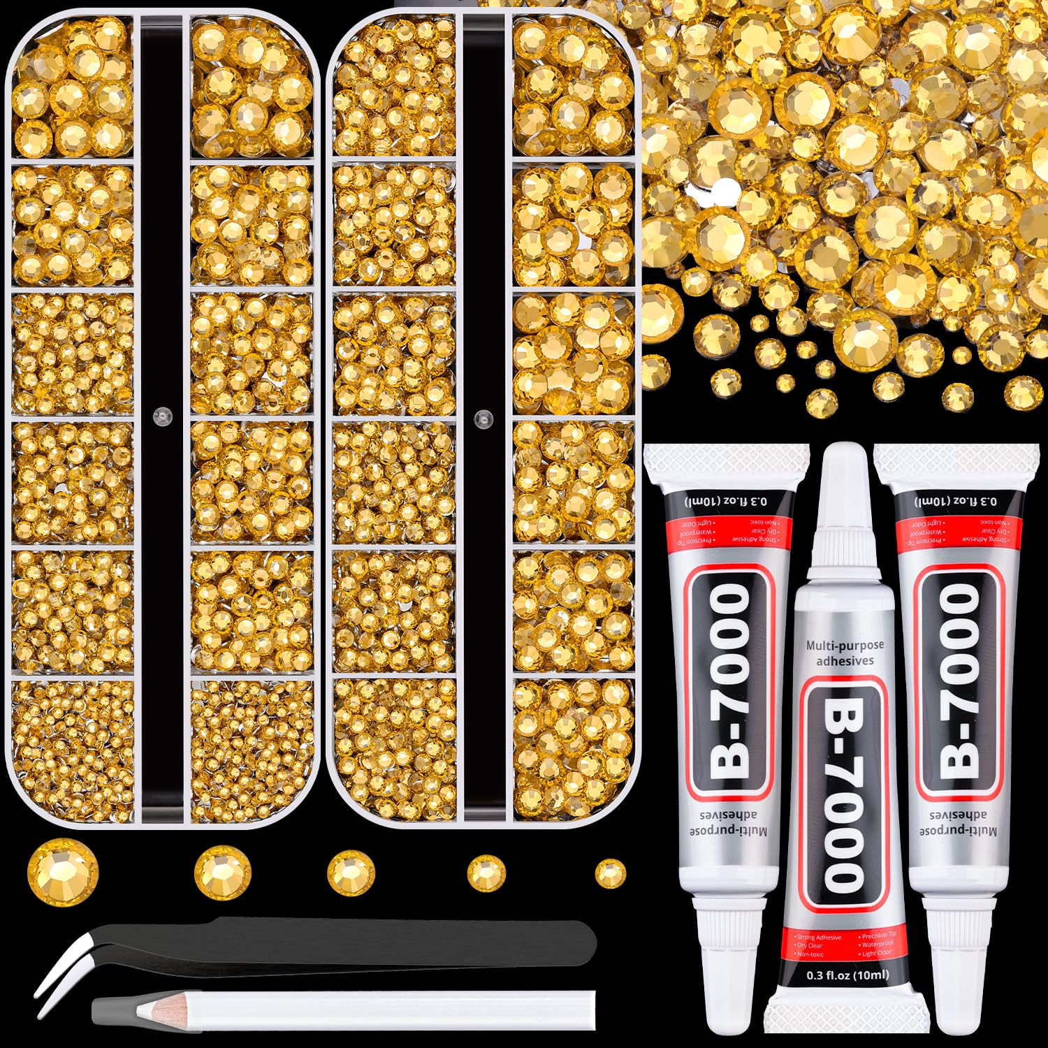 Resin Rhinestones for Crafting with B7000 Jewelry Glue, 2 Boxes Golden Yellow Flatback Crystals with 3Pcs 10ml Glue for Bedazzling Crafts DIY Nail Art Makeup, Gems for Clothing Shoes-Velvo Beauty