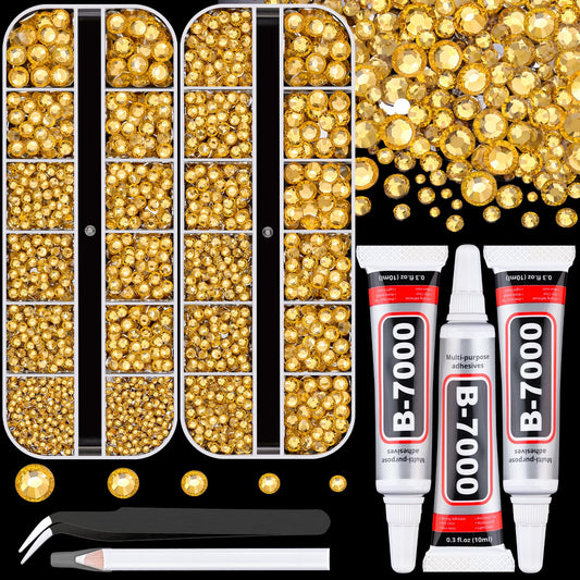 Resin Rhinestones for Crafting with B7000 Jewelry Glue, 2 Boxes Golden Yellow Flatback Crystals with 3Pcs 10ml Glue for Bedazzling Crafts DIY Nail Art Makeup, Gems for Clothing Shoes-Velvo Beauty