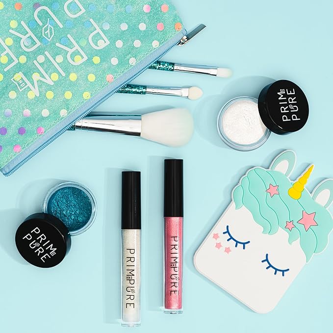 Prim and Pure Mineral Gift Set with Unicorn Mirror| Perfect for Play Dates & Birthday Parties | Kids Eyeshadow Makeup – Mineral Blush | Organic & Natural Makeup Kit for Kids| Made in USA (Blue)-Velvo Beauty