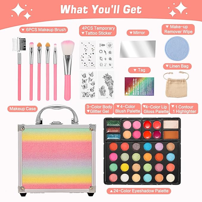 Anpro All-In-One Makeup Carry Case with Pro Teen Makeup Set, Full Starter Cosmetics Kit with Makeup Brushes, Eye Shadows Palette, Blushes, Glitter Gel, Temporary Tattoo Stickers - Colorful-Velvo Beauty