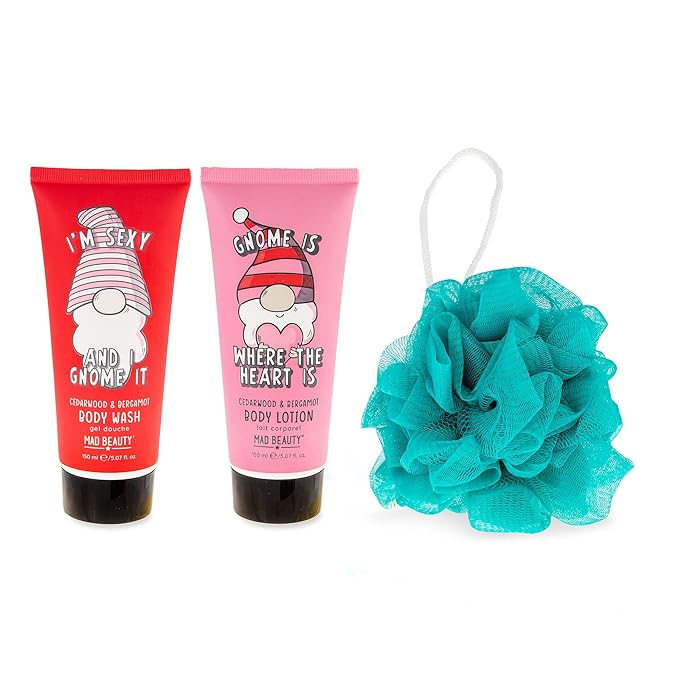 MAD BEAUTY Gnome Matter What Body Trio, 3-in-1 Bath Kit: Body Wash, Body Lotion, & Exfoliating Loofah, Refreshing Cedarwood & Bergamot, Relax & Unwind, Great Self-Care Gift Set-Velvo Beauty