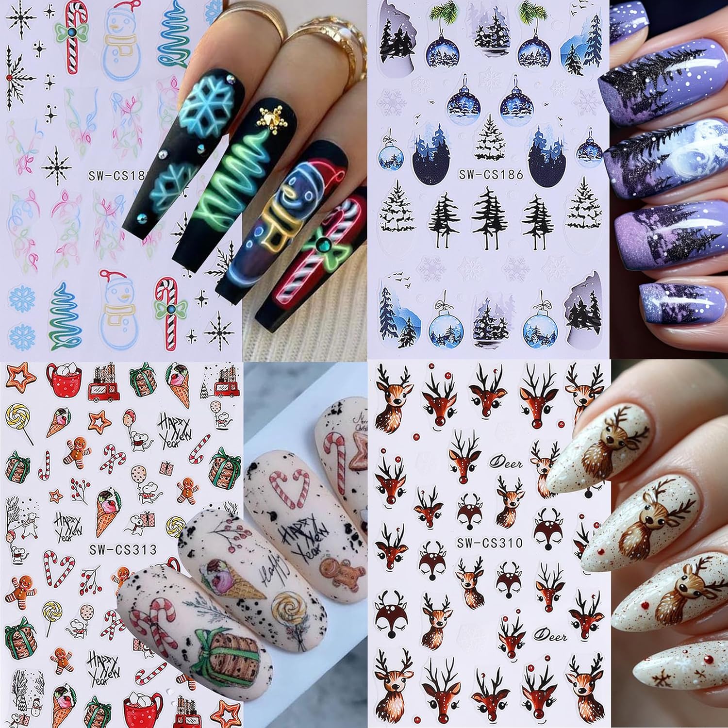 Christmas Nail Art Stickers Decals 16PCS 3D Self-Adhesive New Year Sticker for Nail Art Santa Claus Tree Elk Snowman Gonks Red Designs DIY Xmas Winter Decor Nail Art Supplies for Women Girls-Velvo Beauty