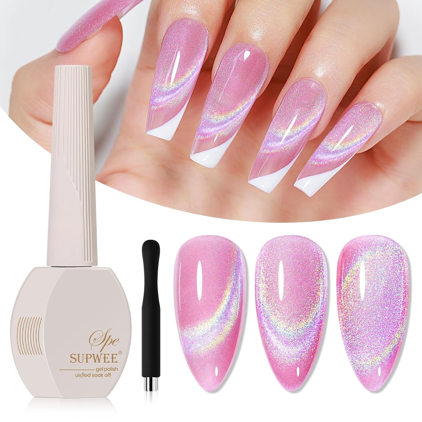 Pink Rainbow Cat Eye Gel Nail Polish Glitter Holographic Gel Polish with Magnetic Stick for a Glittery Iridescent Galaxy Effect Soak Off UV Lamp Perfect for Nail Art & DIY Manicures at Home-Velvo Beauty