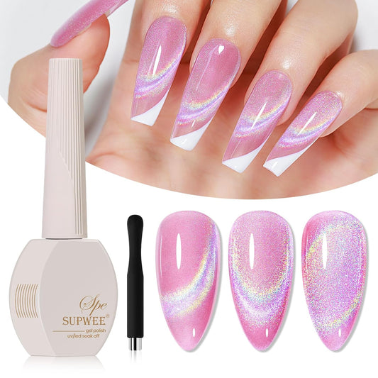 Pink Rainbow Cat Eye Gel Nail Polish Glitter Holographic Gel Polish with Magnetic Stick for a Glittery Iridescent Galaxy Effect Soak Off UV Lamp Perfect for Nail Art & DIY Manicures at Home-Velvo Beauty