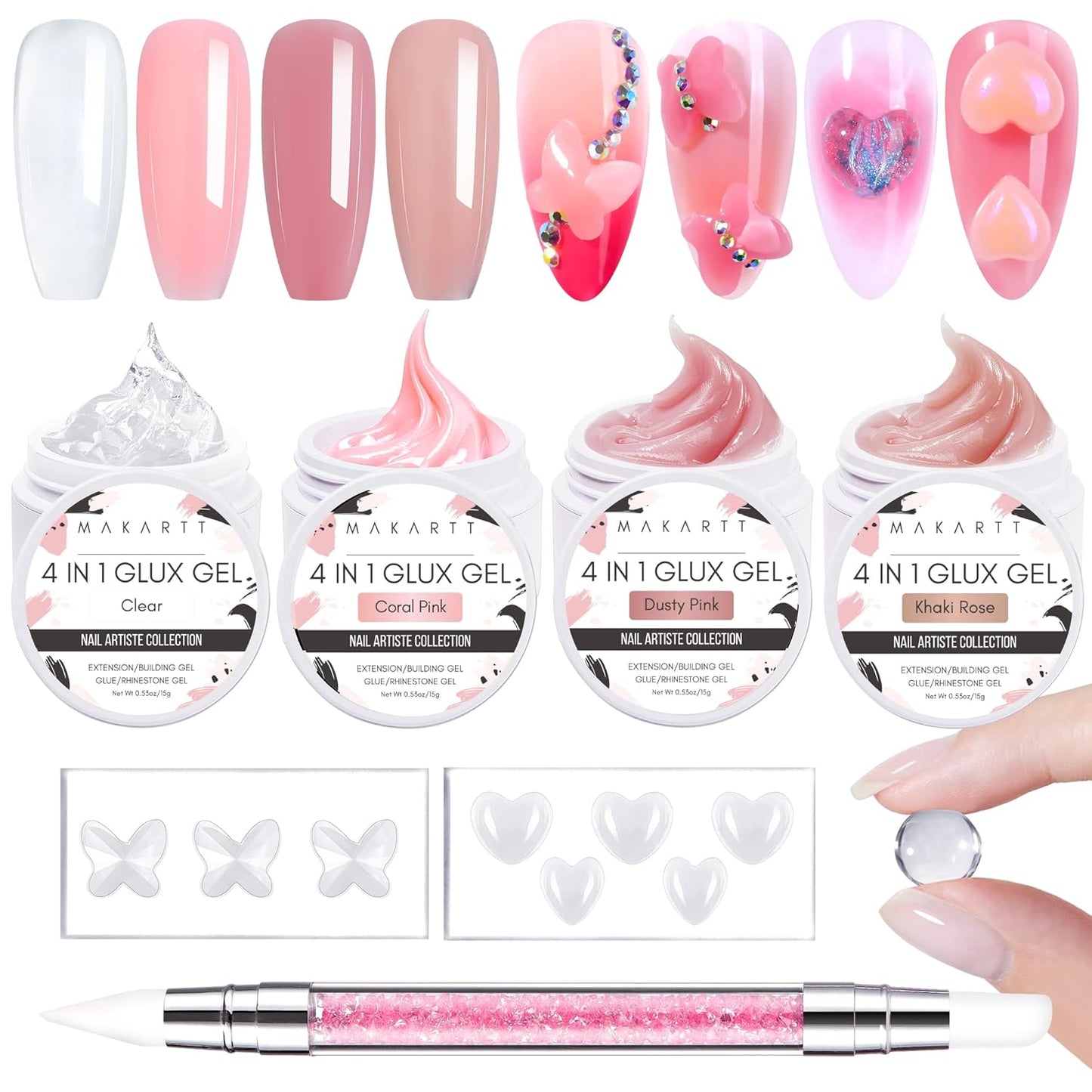Makartt 3D Nail Gel Art: 3D Sculpting Gel Carving DIY Manicure,Solid Gels Builder for Nails Starter Kit, Clear Nude Pink 4 Colors for Extension, Molding Hard Gels with Silicone Molds Sculpture Brush-Velvo Beauty