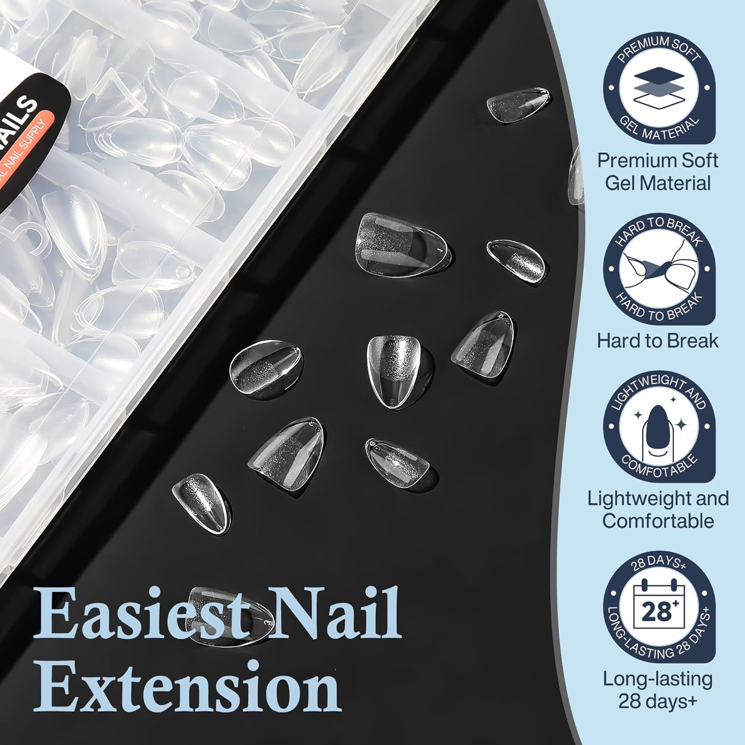 Extra Short Almond Nail Tips, 240pcs Soft Gel Pre-Shaped Acrylic Fake Nails, Half Matte Full Cover Clear Gelly Press on Flase Nail Tips for Extension Nail Manicure Home DIY 12 Sizes-Velvo Beauty