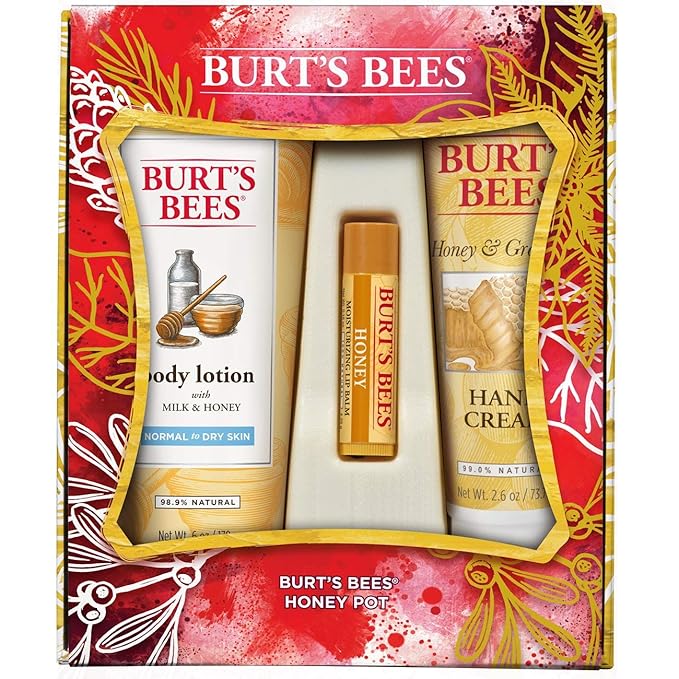 Burt's Bees Honey Pot Holiday Gift Set, 3 Honey Skin Care Products - Milk & Honey Body Lotion, Honey & Grapeseed Hand Cream and Honey Lip Balm-Velvo Beauty