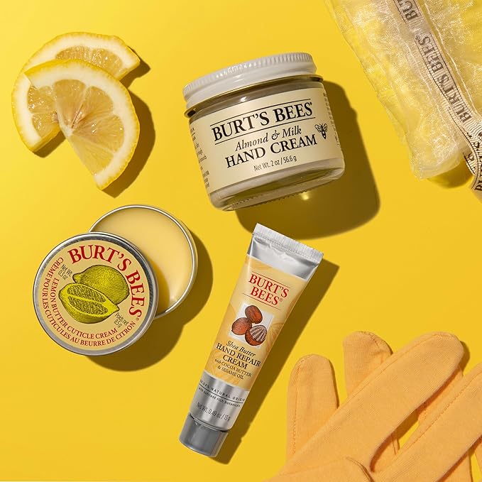 Burt's Bees Back to School Gifts Ideas, 3 Body Care College Dorm Products, Hand Repair Set - Almond and Milk Cream, Lemon Butter Cuticle Cream & Shea Butter Cream, with gloves-Velvo Beauty