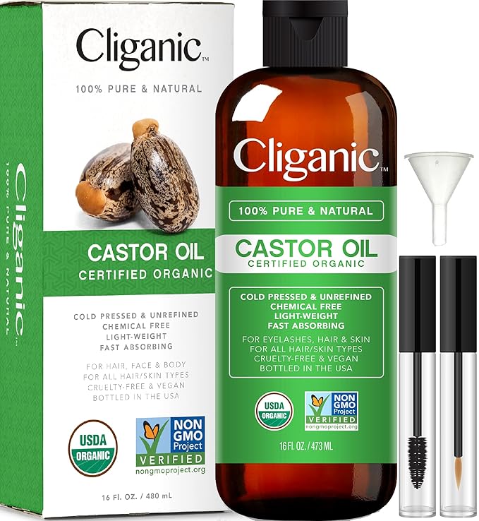 Cliganic USDA Organic Castor Oil, 100% Pure (16oz with Eyelash Kit) - For Eyelashes, Eyebrows, Hair & Skin | Bulk, Natural Cold Pressed Unrefined Hexane-Free | DIY Carrier Oil-Velvo Beauty