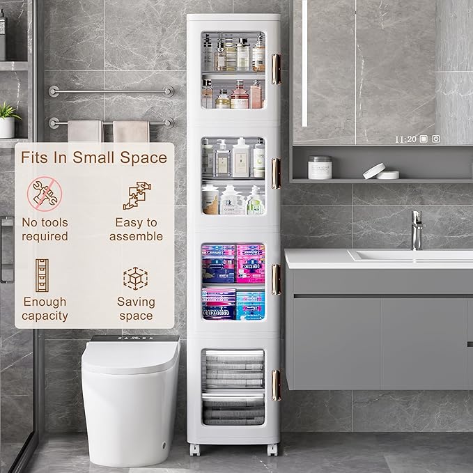 VECELO 4-Tier Plastic Tall Narrow Storage Cabinet with Movable Wheels, Adjustable Shelves, Magnetic Doors, Slim Bathroom Organizers and Storage for Small Space, Bathroom, Kitchen, Laundry, White-Velvo Beauty