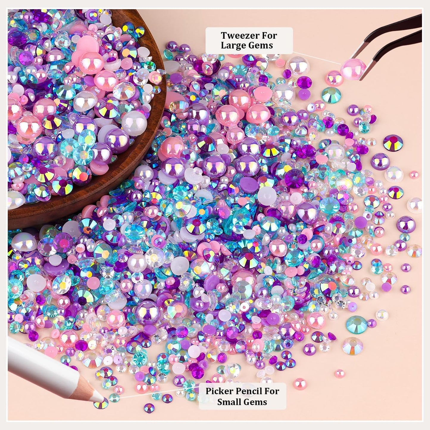 9000PCS Flatback Pearls and Rhinestones for Crafting, Pink Purple Mixed Size 3-10mm Resin Rhinestones and Half Pearls for Bedazzling, Nail Art and Decoration with Tweezer and Pickup Pencil-Velvo Beauty