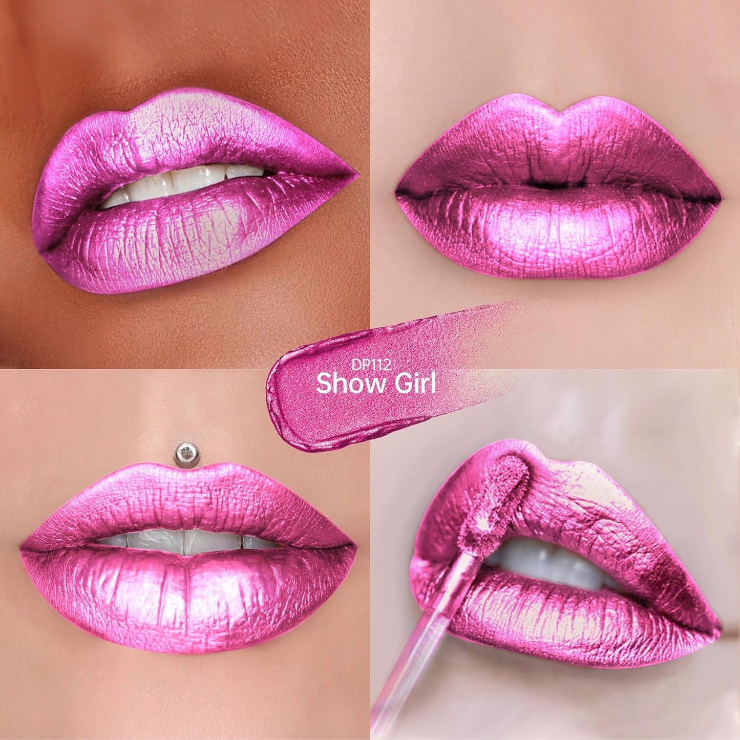 Hot Pink Lipsticks for Women Metallic Lipstick Long Lasting Non Stick Cup Lip Gloss, Shimmer Lightweight Hydrating Full Coverage Lip Color,DP112 Show Girl-Velvo Beauty