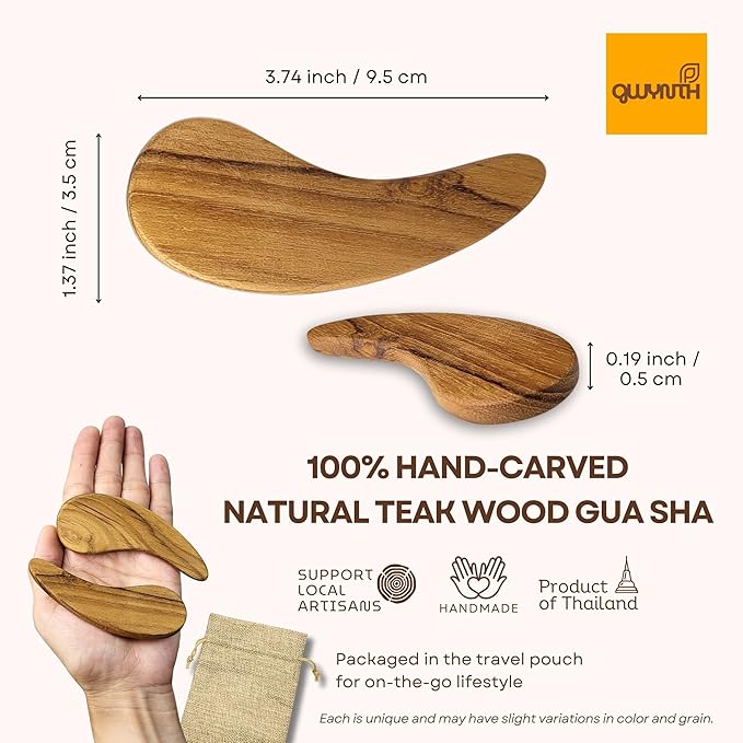 Teak Wood Gua Sha Facial Tool for Face and Body Massage, Anti-Aging Reduce Puffiness Wrinkles Shape Jawline Skincare Routine Treatment, Wooden Gua Sha Massager with Travel Pouch for Gift Set-Velvo Beauty