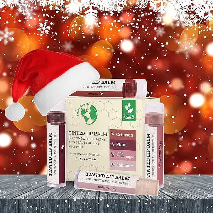 Tinted Lip Balm by Earth’s Daughter – 4 Pack of Assorted Colors – Beeswax, Coconut Oil, Cocoa Butter, Vitamin E – Moisturize and Beautify – Paraben Free-Velvo Beauty