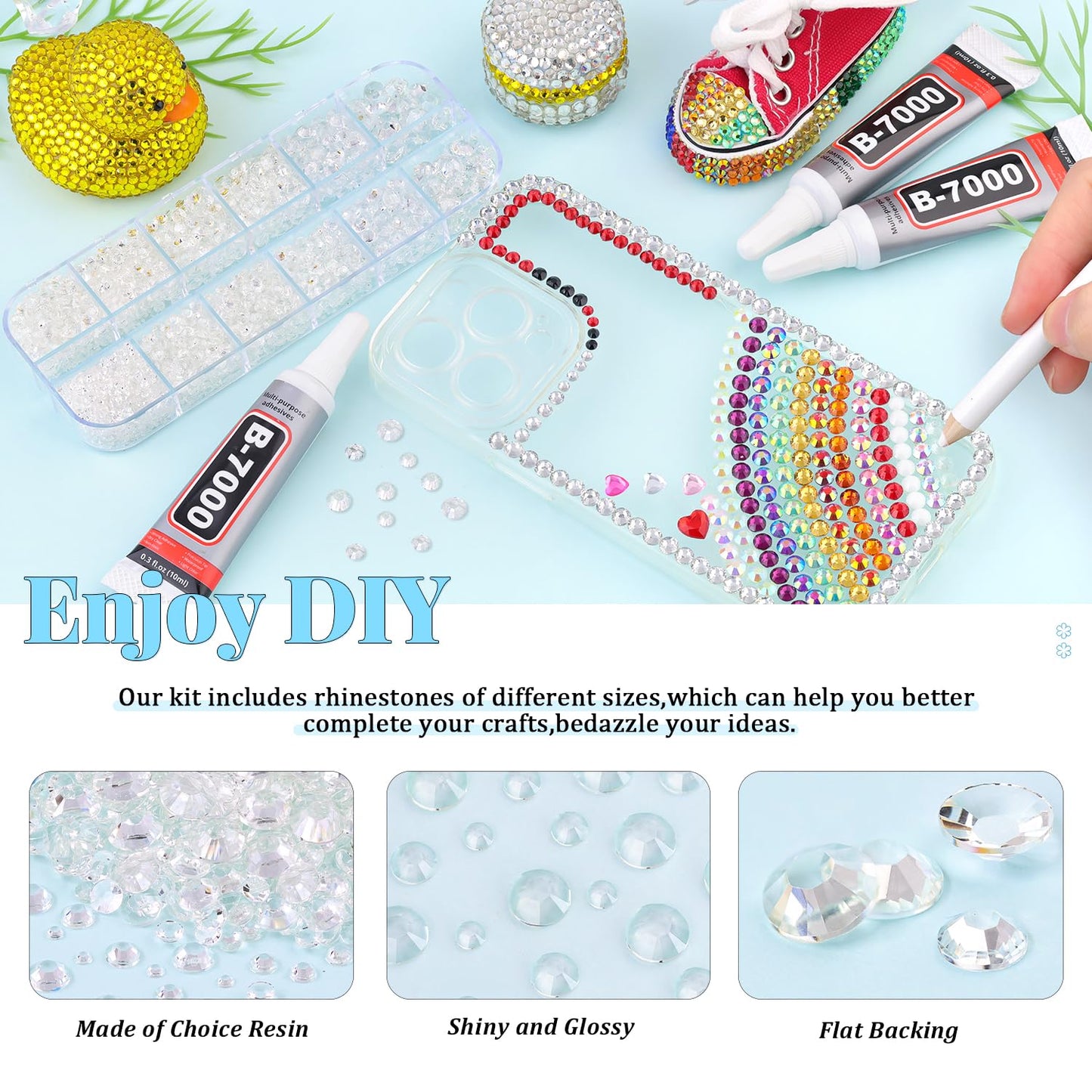 6000Pcs Resin Rhinestones for Bedazzling with 3Pcs B7000 Jewelry Glue, 1 Box Transparent Flatback Rhinestones for Crafting Crafts DIY, Crystals Gems for Clothing Shoes Tumblers Nail Art Makeup-Velvo Beauty
