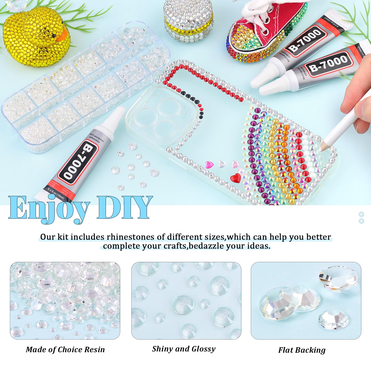 6000Pcs Resin Rhinestones for Bedazzling with 3Pcs B7000 Jewelry Glue, 1 Box Transparent Flatback Rhinestones for Crafting Crafts DIY, Crystals Gems for Clothing Shoes Tumblers Nail Art Makeup-Velvo Beauty