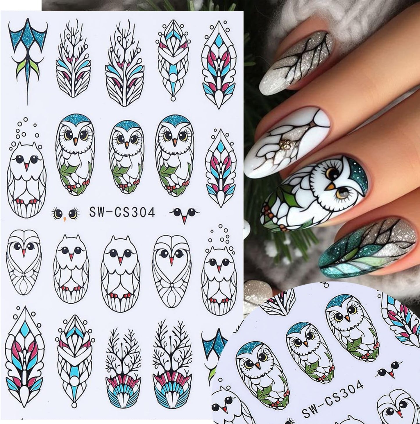 4pcs Christmas Nails Stickers Silver Glitter Leaves Line Owl Nail Art Design 3D Self-Adhesive Nail Decals Xmas Nail Sticker DIY Autumn Winter Manicure Art Supplies Decoration Accessories-Velvo Beauty