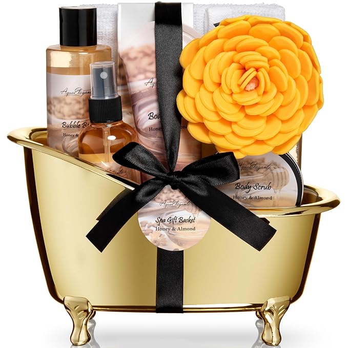 Spa Gift Baskets For Women - Luxury Bath Set With Honey & Almond - Spa Kit Includes Body Wash, Bubble Bath, Lotion, Bath Salts, Body Scrub, Body Spray, Shower Puff, and Towel-Velvo Beauty
