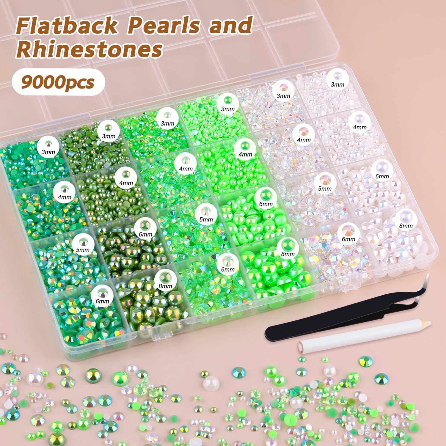 9000PCS Flatback Pearls and Rhinestones for Crafting, Green Mixed Size 3-10mm Resin Rhinestones and Half Pearls for Bedazzling, Nail Art and Decoration with Tweezer and Pickup Pencil-Velvo Beauty