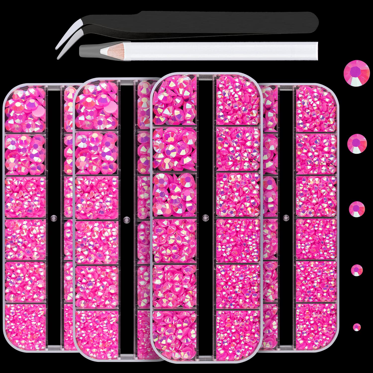 7000PCS Resin Rhinestones with Tweezers for Crafting, 2/3/4/5/6mm Flatback Jelly Rhinestones, 4 Box Hot Pink AB Non Hotfix Crystal Gems for DIY Crafts Mugs Tumblers Clothes Makeup Nail-Velvo Beauty