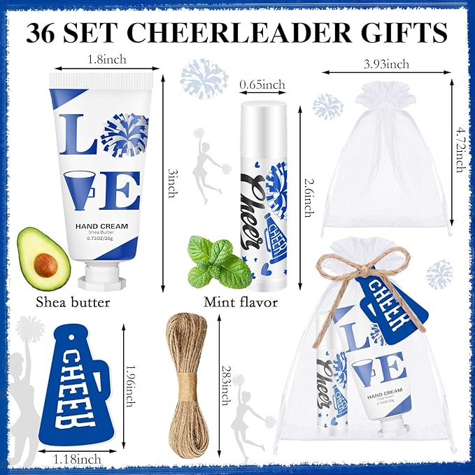 144 Pcs Blue Cheer Favors Natural Bulk Lip Balm and Hand Cream Set, Include 36 Lip Balm 36 Moisturizing Hand Cream 36 Bags 36 Card and Rope cheer accessories for Team Sports Party Supplies-Velvo Beauty