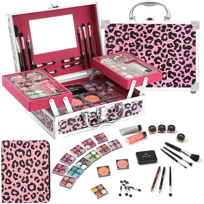 Anpro All-In-One Leopord Double Folding Makeup Carry Case with Pro Teen Makeup Set, Full Starter Kit with Makeup Brushes, Lipsticks, Eyeshadow Palette, Blushes, Glitter Gel, Ideal Present for Girls-Velvo Beauty