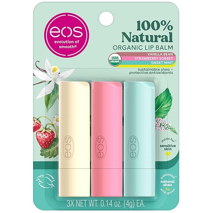 eos 100% Natural & Organic Lip Balm Trio- Vanilla Bean, Sweet Mint, & Strawberry Sorbet, Made for Sensitive Skin, Lip Care Products, 0.14 oz, 3-Pack-Velvo Beauty