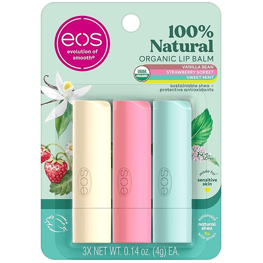 eos 100% Natural & Organic Lip Balm Trio- Vanilla Bean, Sweet Mint, & Strawberry Sorbet, Made for Sensitive Skin, Lip Care Products, 0.14 oz, 3-Pack-Velvo Beauty