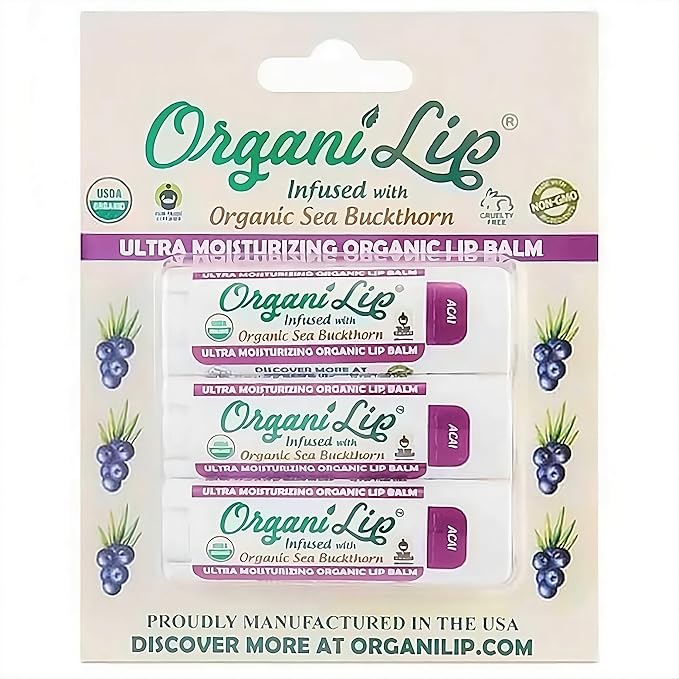 OrganiLip Organic Lip Balm, Acai Flavor, Ultra Hydrating Lip Moisturizer for Cracked or Dry Lips, Oval Shaped Tube, USDA Certified Organic, 3 Pack-Velvo Beauty