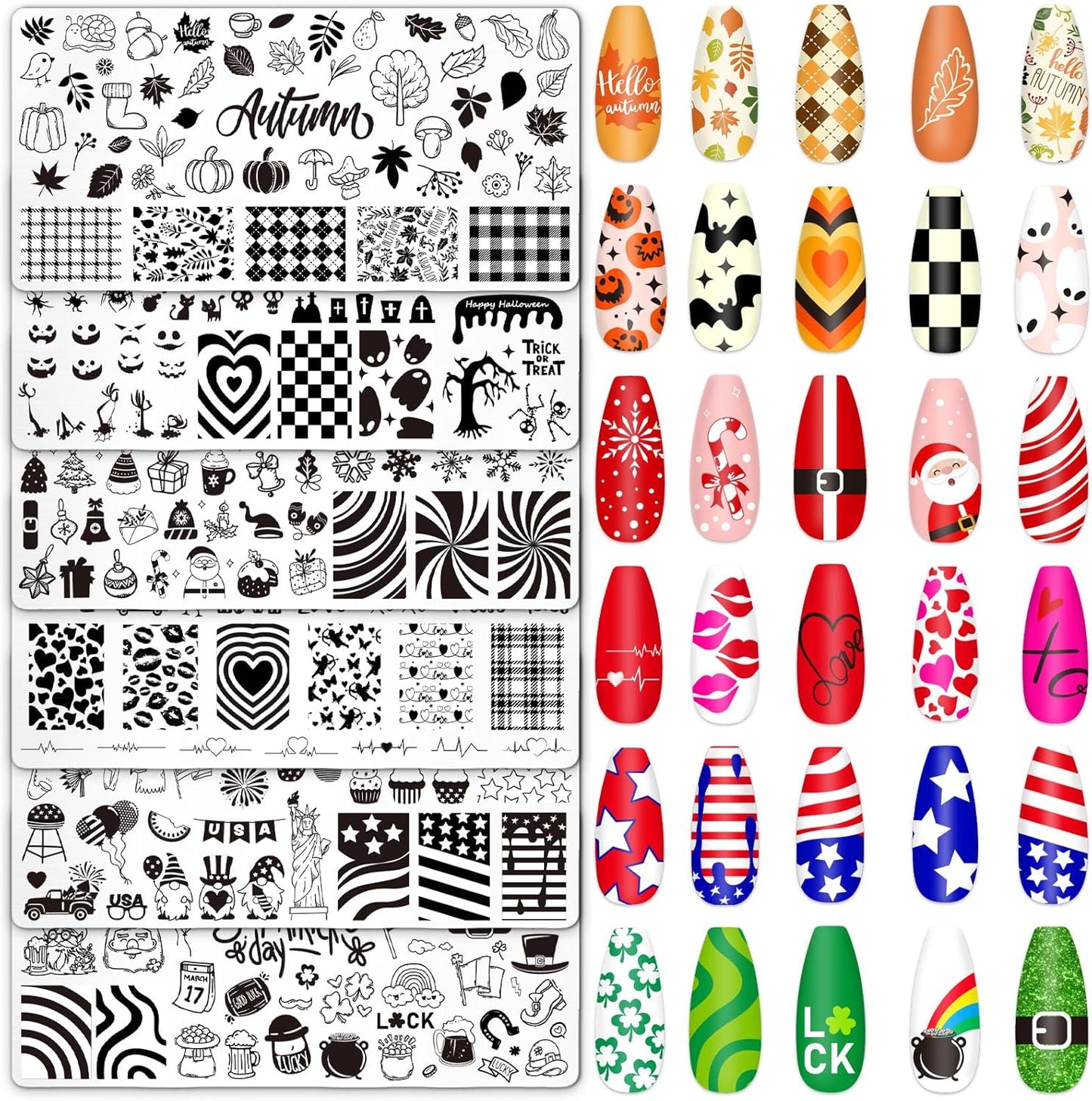 Whaline 6Pcs All Holiday Nail Art Plates Valentines StampTemplates Set Winter Christmas Fall Nail Plates Stamping for Xmas DIY Print Manicure Salon Design Gift-Velvo Beauty