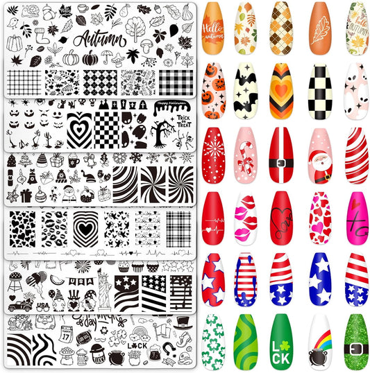 Whaline 6Pcs All Holiday Nail Art Plates Valentines StampTemplates Set Winter Christmas Fall Nail Plates Stamping for Xmas DIY Print Manicure Salon Design Gift-Velvo Beauty