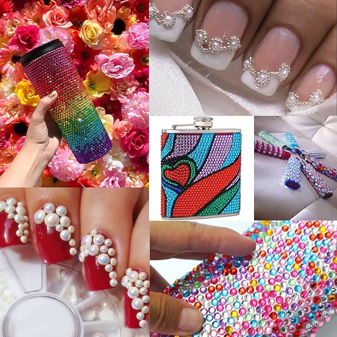 Flat Back Rhinestone+Half Round Pearl Kits Colorful Rhinestones+White AB&Beige AB Pearls With Quick Dry Makeup Glue+Picker Pencil+Tweezer For Nail Art And Face Make-up-Velvo Beauty