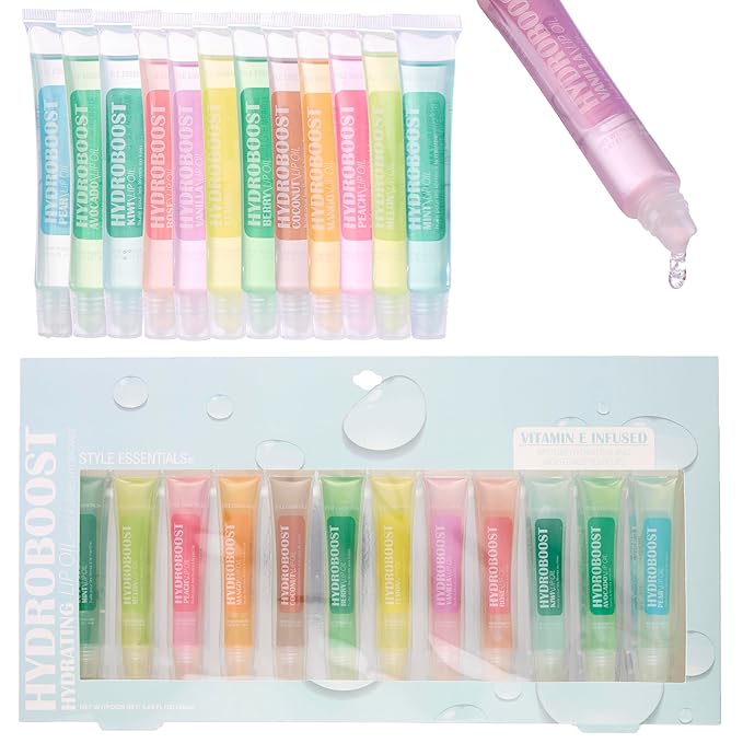 Expressions 12pc Lip Oil Set - Flavored Lip Oils Value Pack, Hydrating Lip Oils w/Squeeze Tube Application, Moisturizing Lip Oil Collection for Everyday Lip Care and Lip Repair (HYDROBOOST)-Velvo Beauty