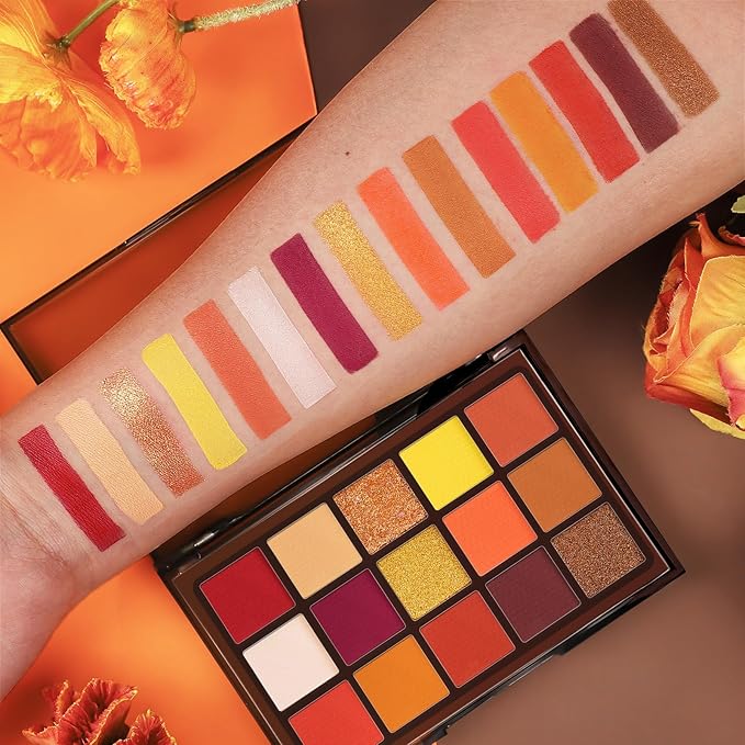 UCANBE Orange Eyeshadow Makeup Palette, 15 Colors Vibrant Shimmer Matte Glitter Eye Shadow Pallet, High Pigmented Warm Yellow Sunset Red Coral for Fall Cosplay Halloween Costume Parties Pumpkin Makeup-Velvo Beauty