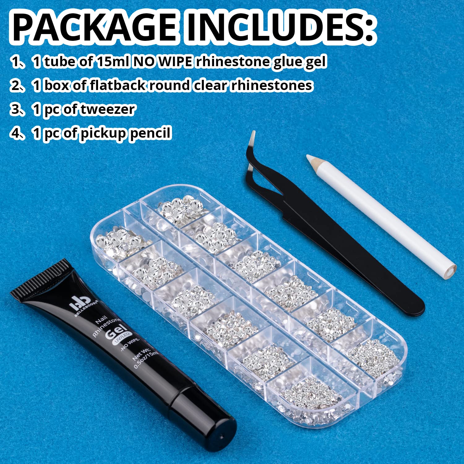 Nail Art Rhinestone Glue Gel&1 Box Flatback Gems Kit, 1 Tube of 15ml Rhinestone Gel Glue(UV/LED Needed)+Round Glass Crystal Clear Gemstones with Pickup Tools-Velvo Beauty