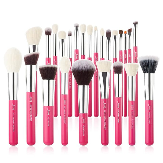 Jessup Brand 25pcs Professional Makeup Brush Set Beauty Cosmetic Foundation Powder Blusher Eye Shadow Blending Concealer Highlight Natural-Synthetic Hair Brushes Set (Rose Carmine/Silver)-Velvo Beauty