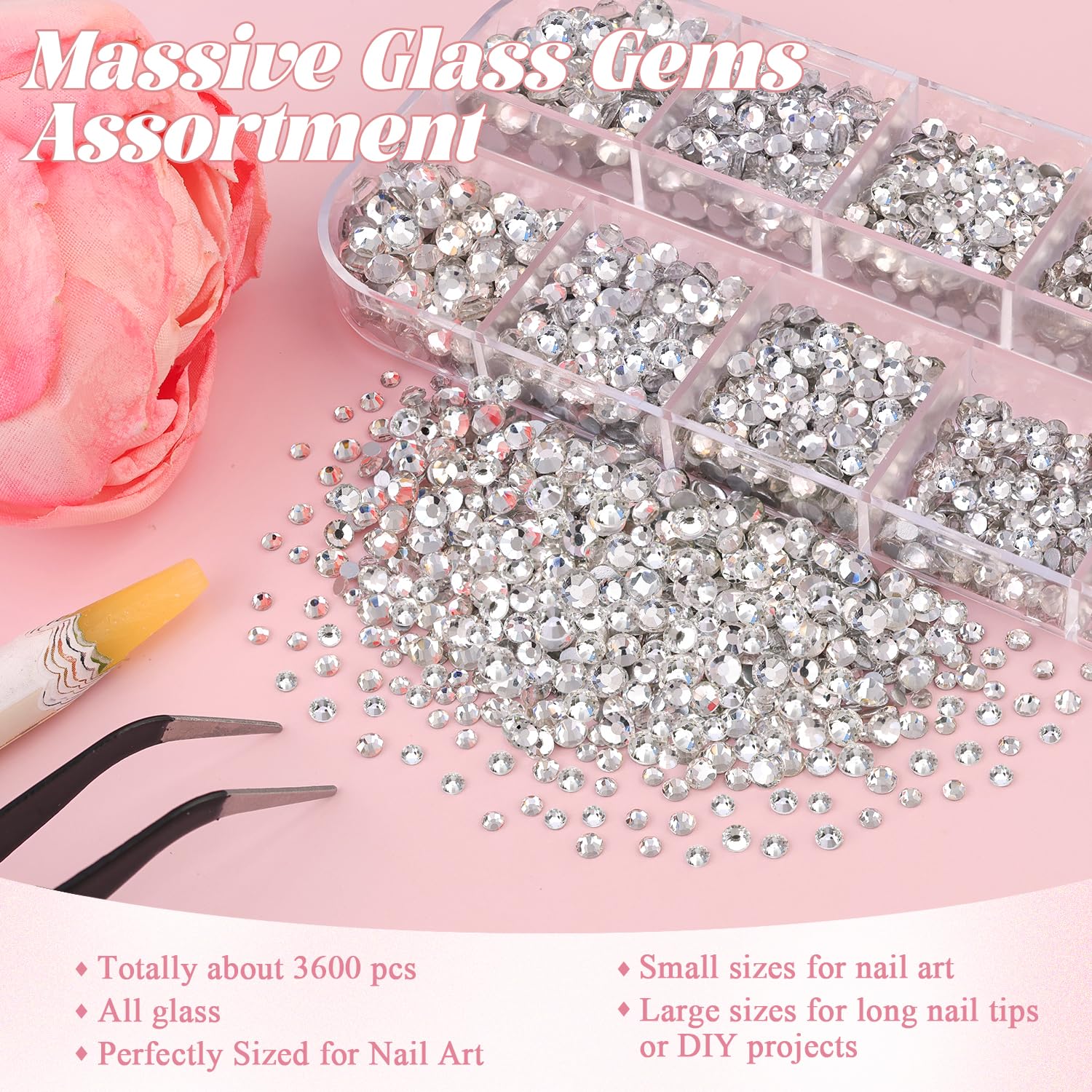 3600pcs Glass Transparent White Nail Rhinestones 6 Sizes(1.8/2/2.4/2.8/3/4mm) Flatback Crystal Nail Charms Jewels Decoration for Nail Art and Crafting, Tweezer and Pickup Pen included-Velvo Beauty