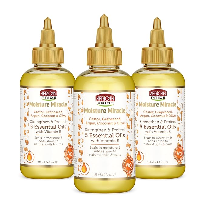 African Pride Moisture Miracle 5 Essential Hair Oils with Vitamin E (Pack of 3) | Moisture, Shine, Protection, and Growth | Argan, Castor, Grapeseed, Coconut, and Olive Oil | 4 oz-Velvo Beauty
