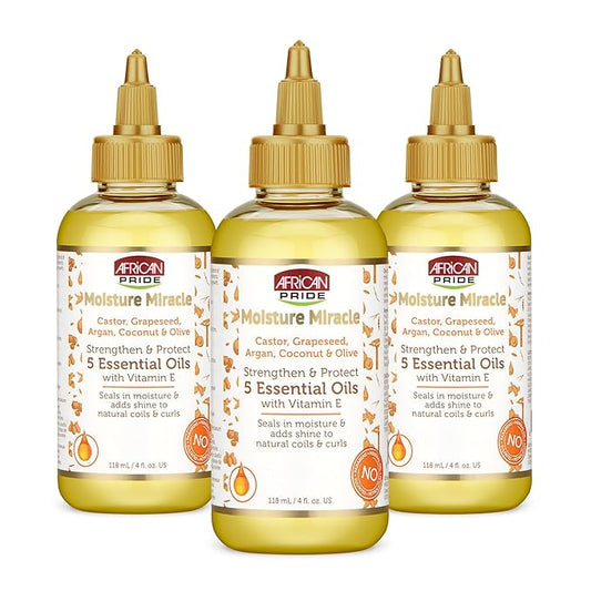 African Pride Moisture Miracle 5 Essential Hair Oils with Vitamin E (Pack of 3) | Moisture, Shine, Protection, and Growth | Argan, Castor, Grapeseed, Coconut, and Olive Oil | 4 oz-Velvo Beauty