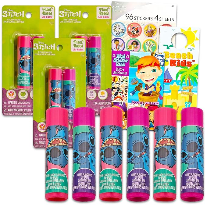 Stitch Lip Balm Tube Bundle for Girls – 6 Pack of Stitch Lip Balm in Assorted Flavors Plus Stickers, More | Stitch Party Favors-Velvo Beauty