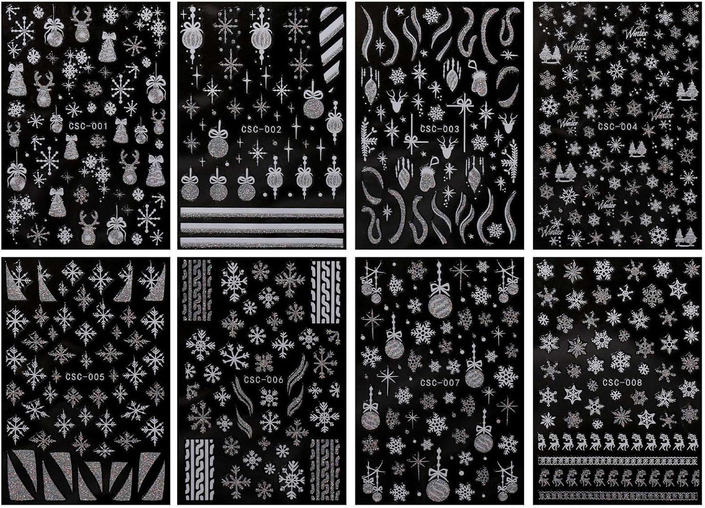 JMEOWIO 8 Sheets Christmas Glitter Nail Art Stickers Decals Self-Adhesive Snowflake Winter Holiday Cute Silver White Nail Supplies Nail Art Design Decoration Accessories-Velvo Beauty