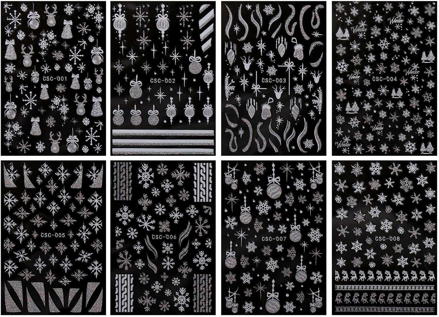 JMEOWIO 8 Sheets Christmas Glitter Nail Art Stickers Decals Self-Adhesive Snowflake Winter Holiday Cute Silver White Nail Supplies Nail Art Design Decoration Accessories-Velvo Beauty