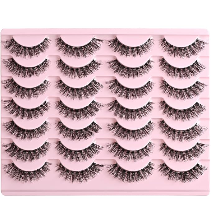 FARRED Cat Eye Lashes False Eyelashes Short Wispy Lash Strips Volume Eyelash 14 Pairs Cateye Medium Length False Clear Band Lashes Natural Looking Hybrid Clusters Full Strip Lashes (F25 | 8-14mm)-Velvo Beauty