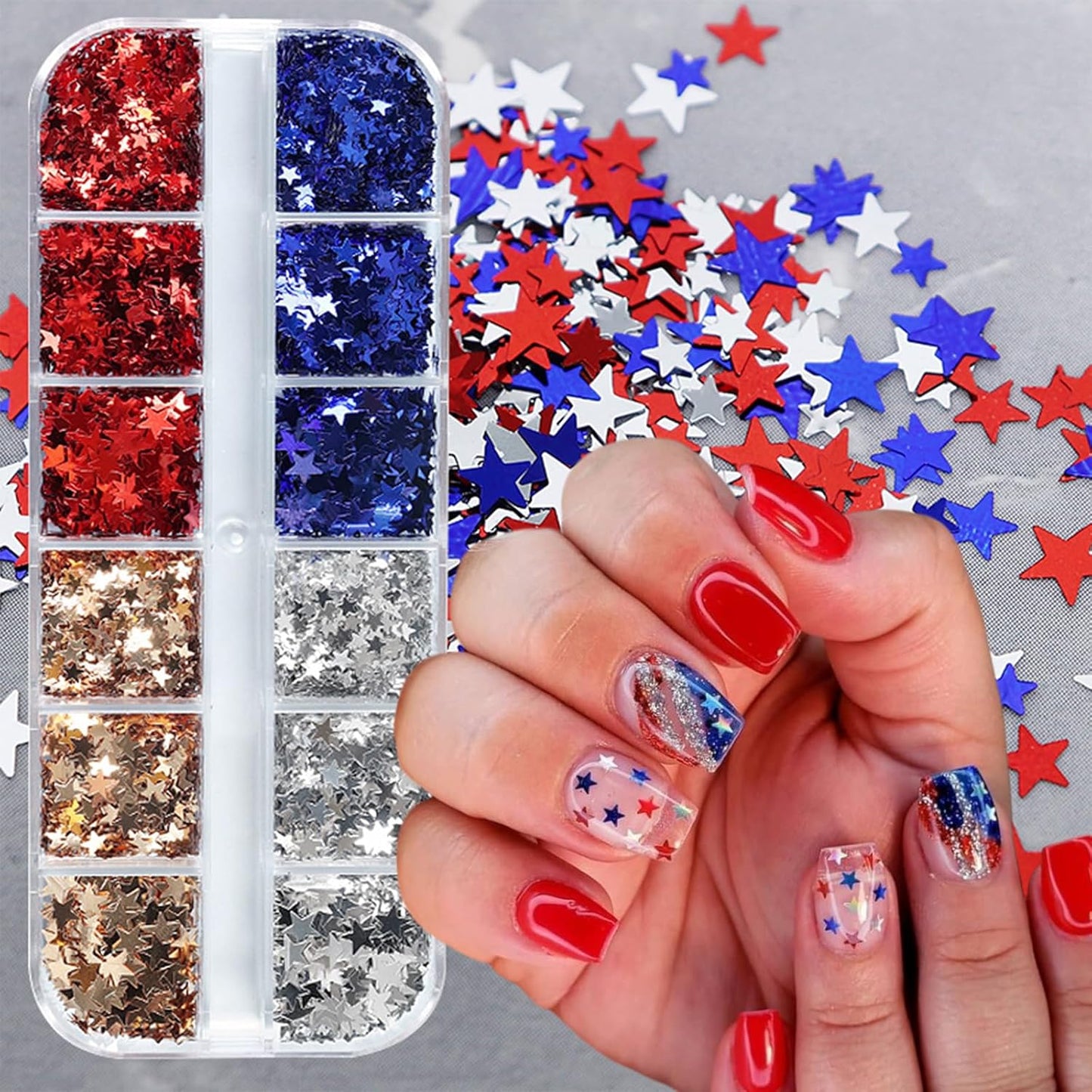 12 Grids Independence Day Nail Sequins，3D Holographic Nails Glitter Laser Star Nail Shining Flakes for Fourth of July Five-Pointed Star Mixed Sequins for America Patriotic Face Makeup Nail Decoration-Velvo Beauty