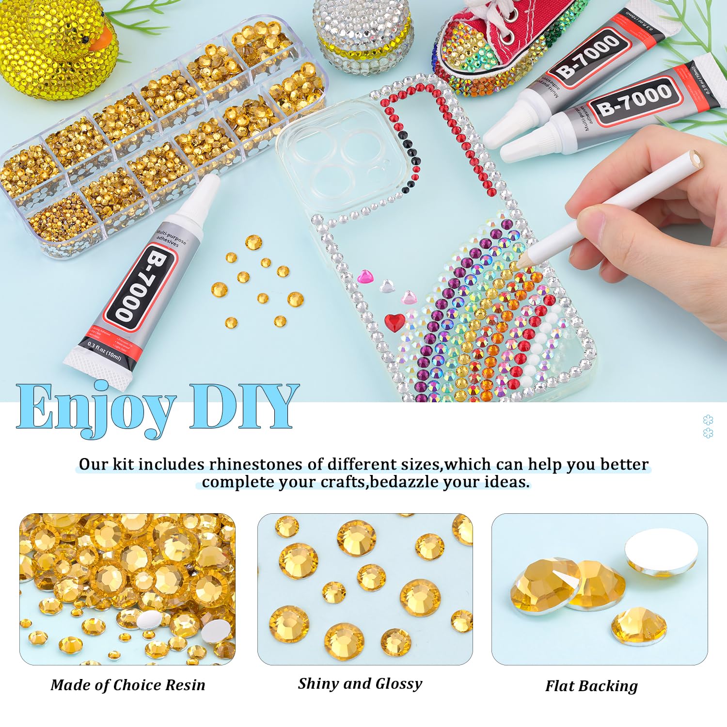 6000Pcs Resin Rhinestones for Bedazzling with 3Pcs B7000 Jewelry Glue, 1 Box Golden Flatback Rhinestones for Crafting Crafts DIY, Crystals Gems for Clothing Shoes Tumblers Nail Art Makeup-Velvo Beauty