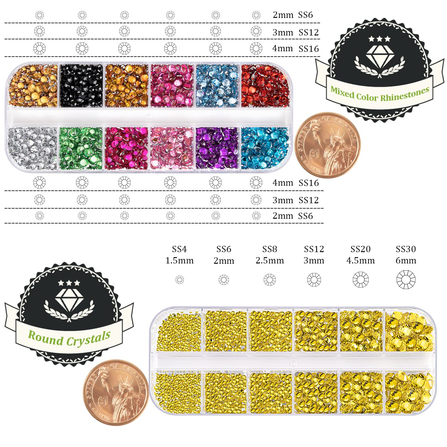 Two Packs of Flatback Rhinestones 4520 Pcs Colorful Nail Art Rhinestones Flatback Crystal Colorful+Lemon Yellow Rhinestone with Picker Pencil and Tweezer for Nail Art and Decoration-Velvo Beauty