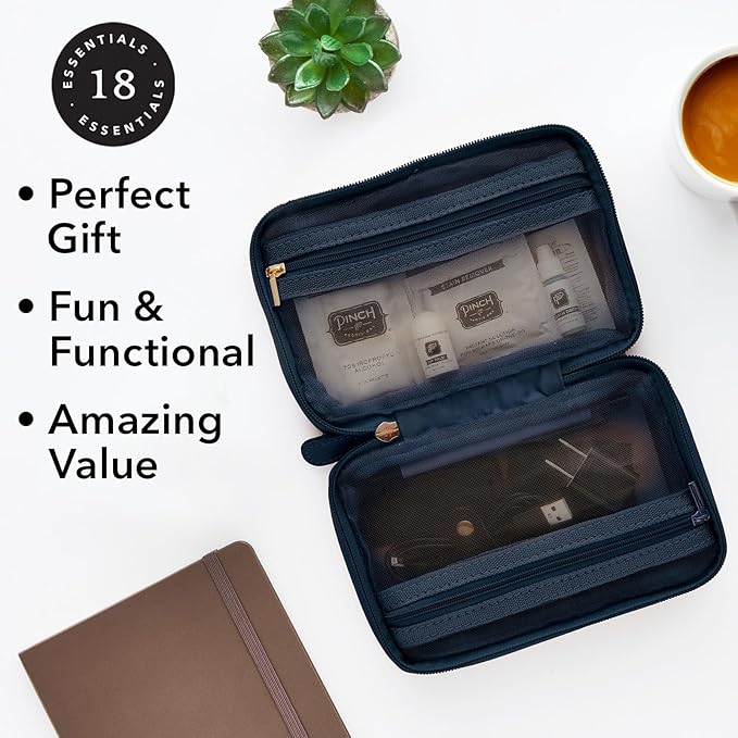 Pinch Provisions Work from Anywhere Kit, Includes 18 Essentials to Help You Stay on Task, Must-Have Essentials, Compact Multi-Functional Vegan Leather Pouch, Navy-Velvo Beauty