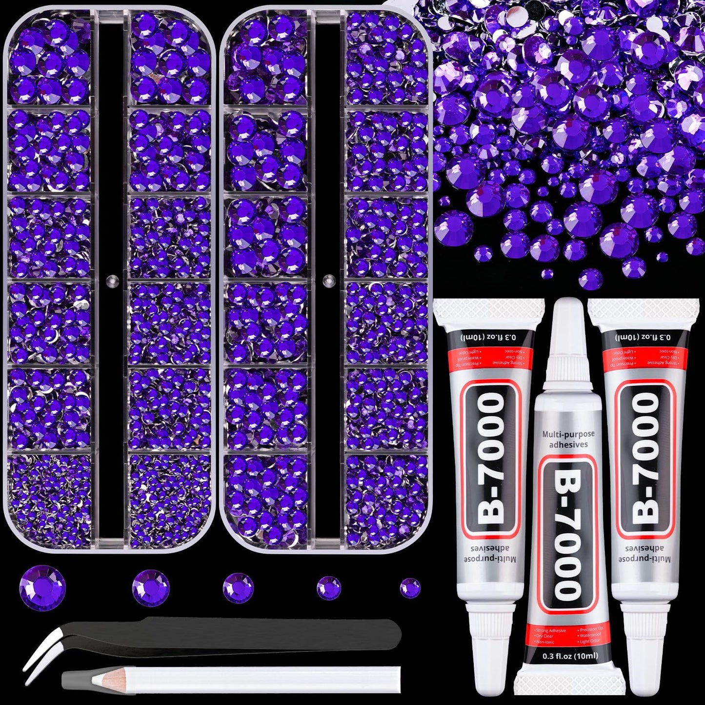 Resin Rhinestones for Crafting with B7000 Jewelry Glue, 2 Boxes Blue Purple Flatback Crystals with 3Pcs 10ml Glue for Bedazzling Crafts Nail Art Makeup，Non Hotfix Gems for Clothing Shoes-Velvo Beauty